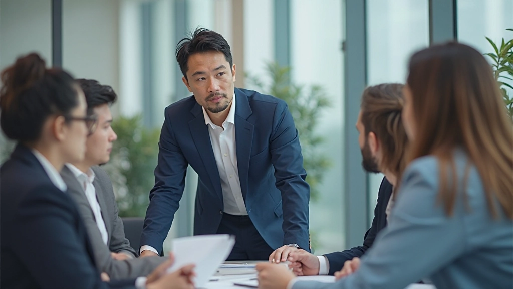 Профессиональный лидер проводит стратегическую встречу с командой в современном офисе