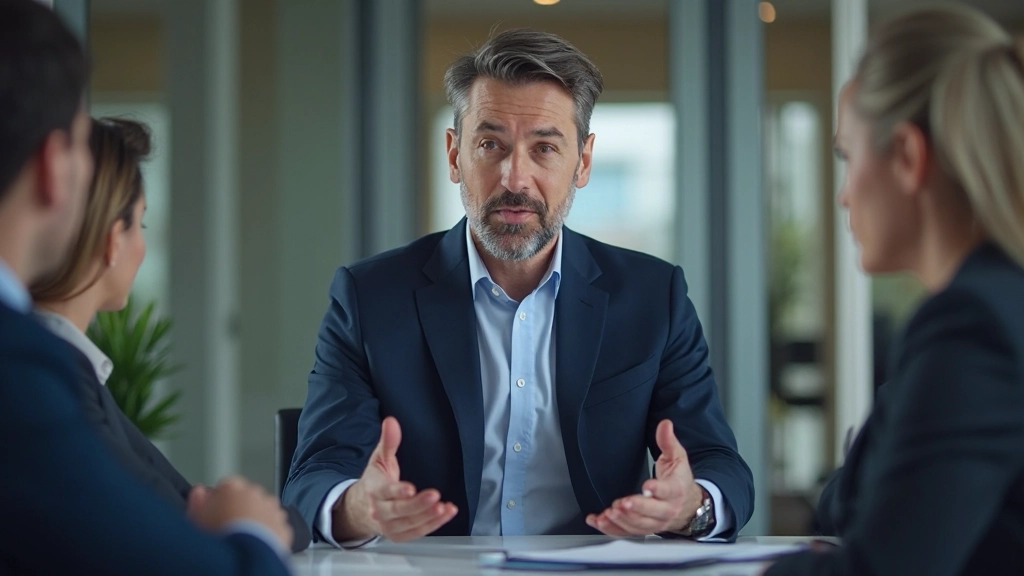 Лидер проводит встречу с командой в современном офисе, обсуждение стратегии развития