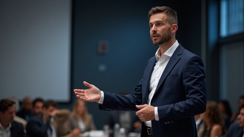 Профессиональное выступление перед аудиторией в конференц-зале, спикер выступает на сцене с микрофоном