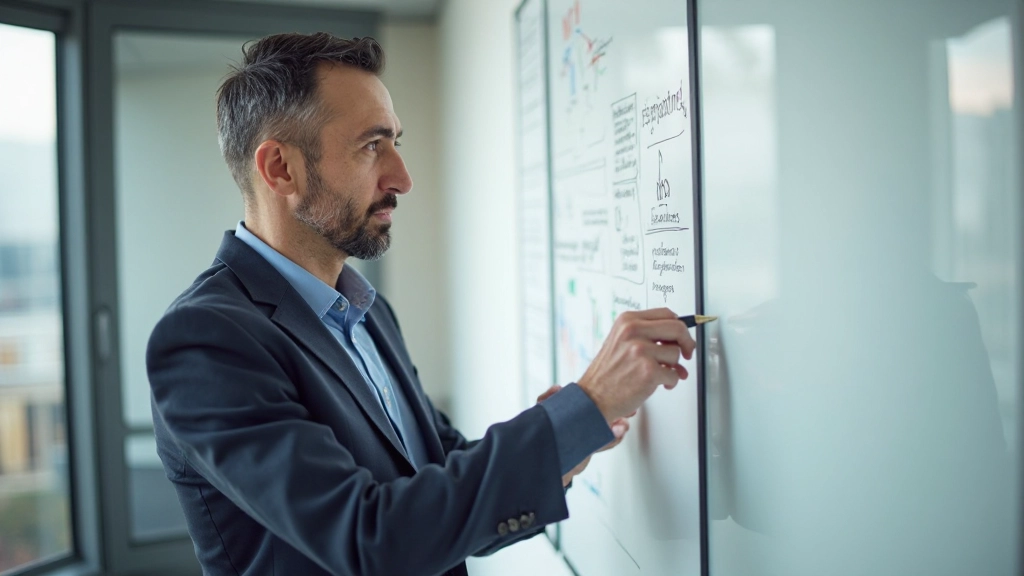 Специалист работает с стратегическим планом на доске в офисе