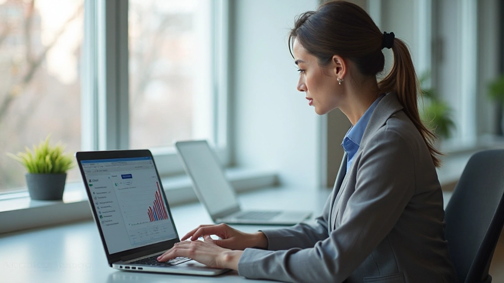 Профессионал анализирует данные на экране компьютера в современном офисе