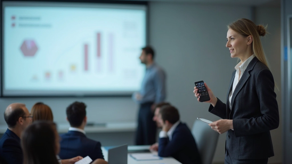 Профессионал проводит презентацию перед аудиторией в конференц-зале